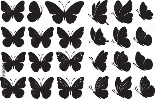 Butterfly Silhouette Grid Design – 20 Black Butterfly Outlines in Varied Sizes and Wing Positions on White Background, set of butterflies silhouettes
