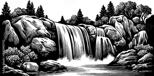 Serene waterfall cascading over rocks in black and white