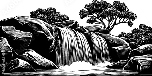 Serene cascade: black and white waterfall over rocks for nature tranquility design