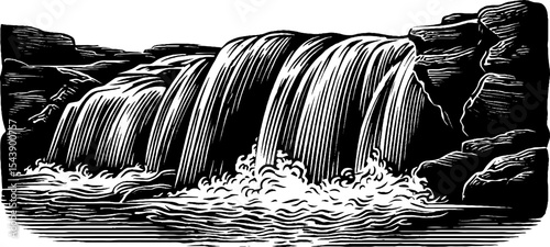 Black and white waterfall cascade over rocks illustration for nature design