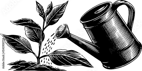 Black and white illustration of a watering can nurturing seedlings for gardening inspiration