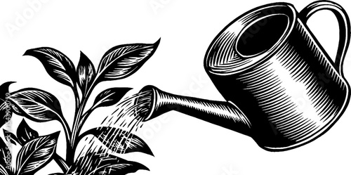 Watering can nurtures seedlings in black and white line art for gardening design