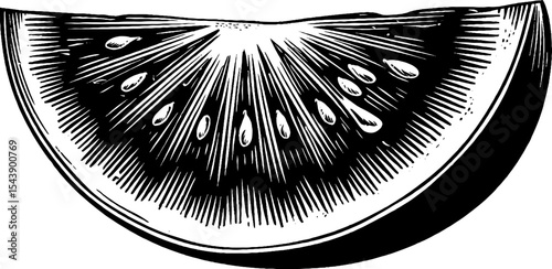 Black and white wooden style watermelon slice with seeds concept art