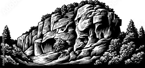 Weathered cliff with caves in black and white for print or poster design