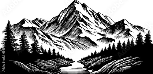 Majestic winding mountain valley with towering peaks and forested slopes in black and white