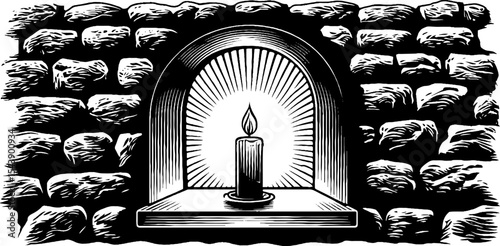 Candle illuminating a stone wall window at night for calm and serenity