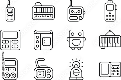 Collection of various electronic devices and gadgets in outline style art