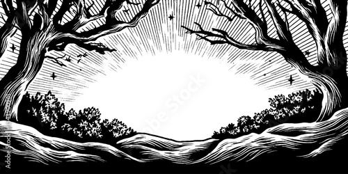 Celestial view through tree silhouette window featuring night sky and stars