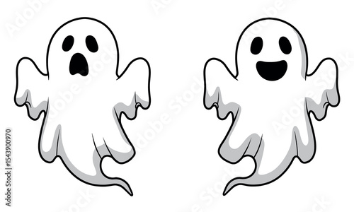 Vector halloween illustration of white funny cute ghosts on the white background Halloween Spooky Cute Ghost Vector Collection
