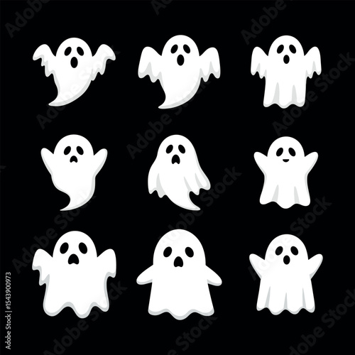 Vector halloween illustration of white funny cute ghosts on the white background Halloween Spooky Cute Ghost Vector Collection
