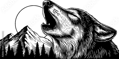 Wolf howling at triple moon with mountain silhouette in black and white design for posters