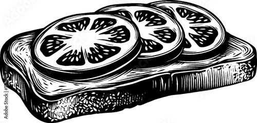 Delicious seed crust open sandwich with tomato slices in black and white design for culinary art