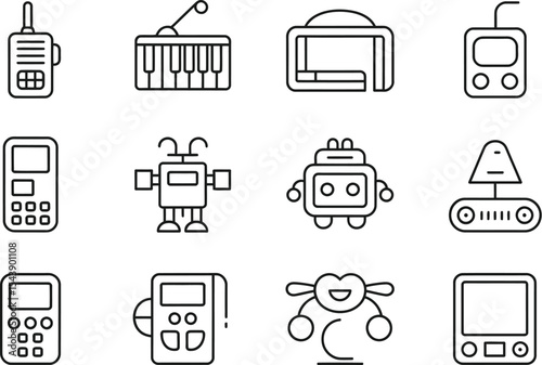 Collection of outlined electronics and robot icons on a white background