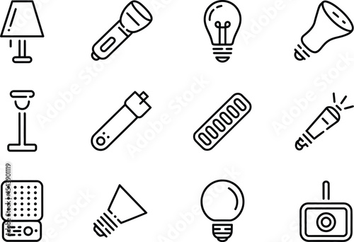 Various lighting devices represented as line art icons on a white background