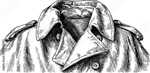 Vintage illustration of folded trench coat with popped collar for fashion design