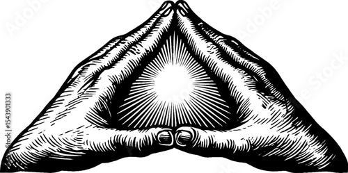 Symbolic hands forming triangle with radiant sunburst - conceptual design for light and energy