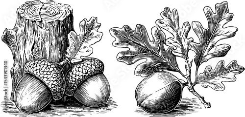 Intricate vintage acorn on a cracked stump for nature-themed designs