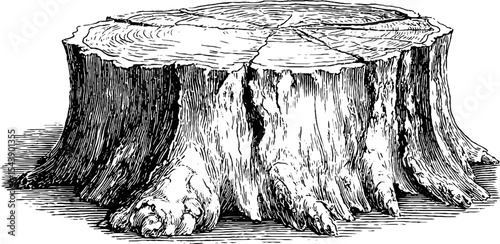Detailed vintage illustration of a lone acorn resting on a cracked tree stump