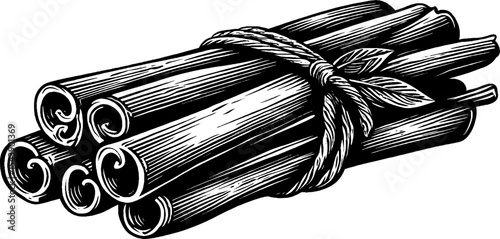 Rustic bundle of loose cinnamon sticks tied with twine in black and white design