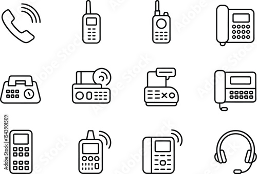 Various communication devices in outline style on a white background image