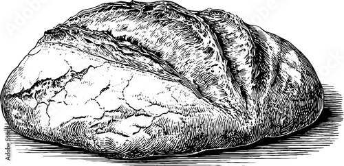 Rustic artisan bread loaf with cracked crust - vintage black and white ink style