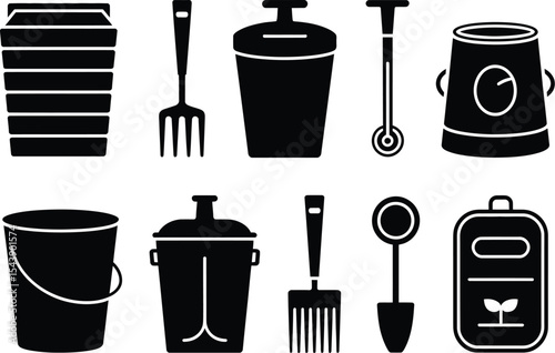 A collection of gardening tools and containers in black silhouette style