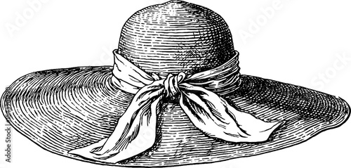 Vintage wide brim straw hat with ribbon for fashion and design concepts