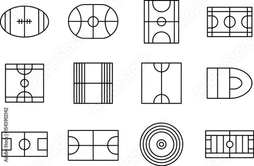 Various sport fields and courts in outline style arranged on white background