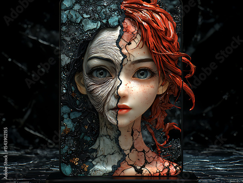 Stunning 3D rendered portrait of a young woman, half youthful, half aged and cracked, symbolizing duality, time, or transformation.