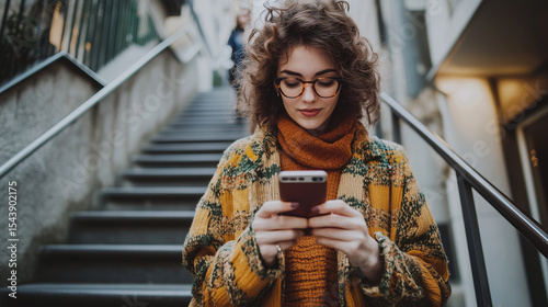 A woman using a smartphone on a staircase in a public area, casually browsing during her leisure time woman on stairs using phone, public space technology, mobile browsing, casual