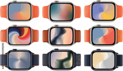 nine watches with watch faces isolated on transparent background