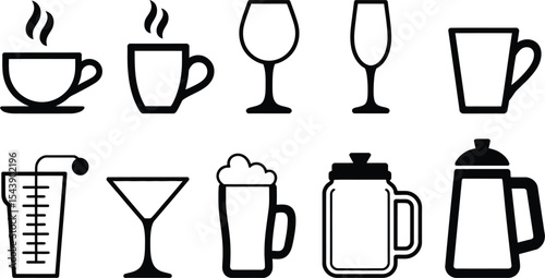 Various drinkware icons including cups glasses and mugs in black and white