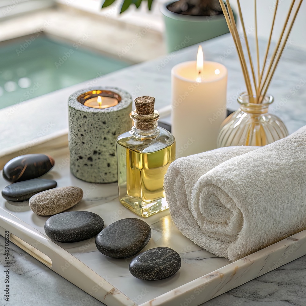 Serene Spa Setup with Hot Stones, Aromatherapy Oil, and Candles Serene Spa Setup with Hot Stones, Aromatherapy Oil, and Candles
