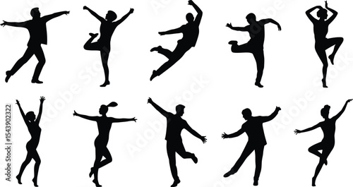 Silhouette illustrations of people in various dancing and jumping poses