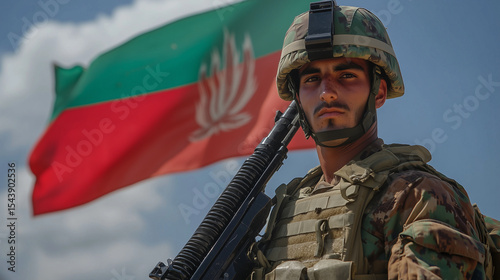 A soldier holding a machine gun proudly standing with the national flag behind him, representing patriotism and defense soldier, machine gun, national flag, patriotism, military de
