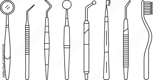 A line drawing of dental instruments including a toothbrush on white background