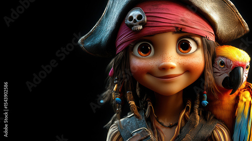 Close-up of a young, cheerful pirate girl with a parrot