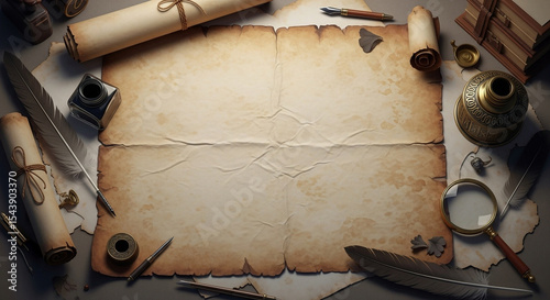 Vintage parchment paper surrounded by writing implements and scrolls in a warm light setting