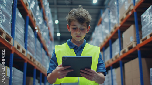 Focused warehouse worker in safety vest using a tablet to manage inventory in an industrial storage facility warehouse worker, inventory management, industrial logistics, tablet us
