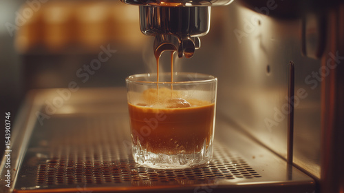 Fresh espresso pouring from a professional coffee machine in a cozy cafÃ©, capturing the rich aroma and crema in a glass cup espresso machine, fresh coffee, barista moment, cafÃ© sce