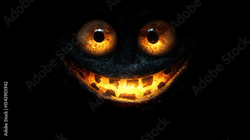 Dark, glowing face with wide eyes and toothy grin