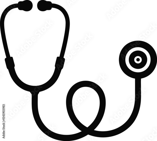 A black stethoscope with ear pieces and circular diaphragm on white background