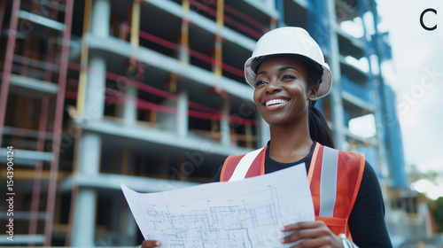 Female construction engineer wearing a white helmet, holding a blueprint, and smiling confidently at a building site female engineer, construction site, white safety helmet, bluepr