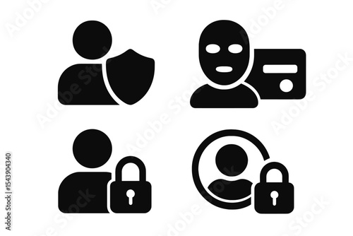 User Protection Icons. Solid style icons of user protection: user shield, access control, account lock, personal safety. Solid