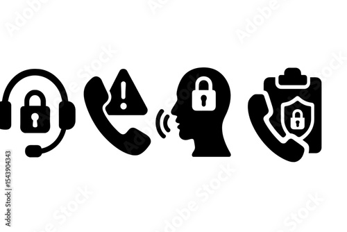 Security Call Icons. Solid style icons of security calls: emergency headset, breach call, voice verification, report hotline.