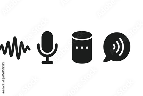 Voice Assistant Icons. Solid style icons of voice assistants: voice wave, smart mic, AI speaker, listen icon. Solid style of