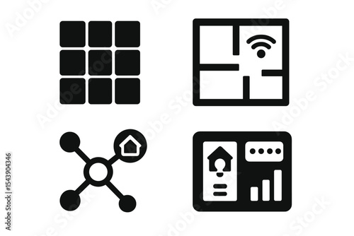 Smart Home Planning Icons. Solid style icons of planning smart home systems: layout grid, floorplan icon, zone path, system