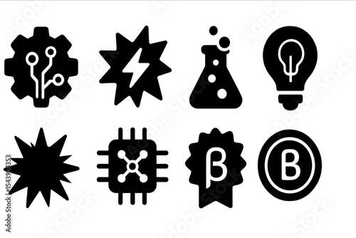 Solid Innovation Icons. Solid style icons of smart innovation: future gear, upgrade spark, product lab, concept badge. Solid style