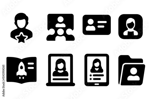 Startup Icon Set. Solid style icons of startup bios: founder badge, team intro, role card, profile icon. Solid style of about