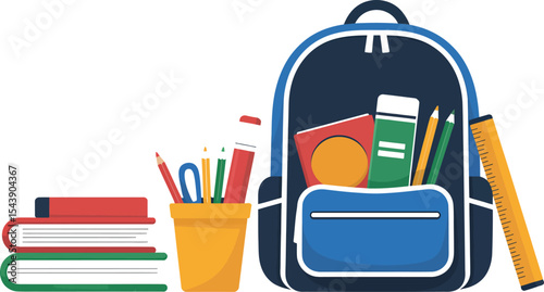 Illustration of a backpack with school supplies and books on a gray background